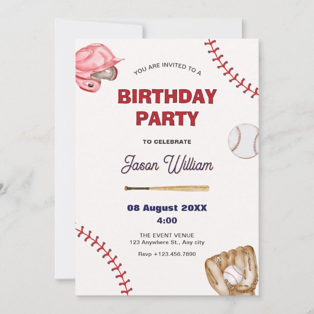 Invitación cumpleaños de béisbol (Anverso)