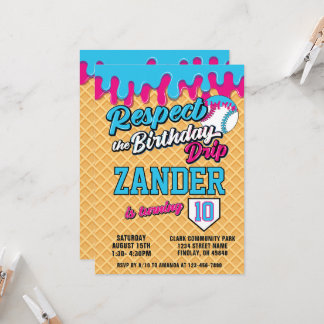 Invitación Cumpleaños de béisbol con goteo de helado azul ros