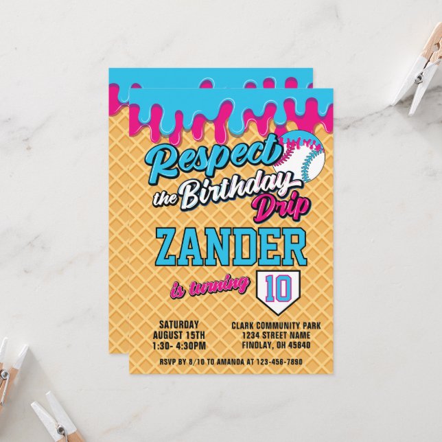 Invitación Cumpleaños de béisbol con goteo de helado azul ros (Anverso/Reverso In Situ)