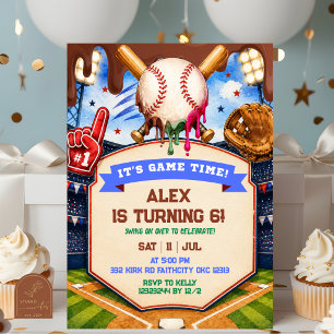 Invitación Cumpleaños de béisbol con niño goteando helado
