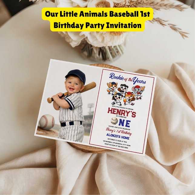 Invitación Cumpleaños de béisbol de Nuestros Pequeños Animale (Our Little Animals Baseball 1st Birthday Party Invitation
)