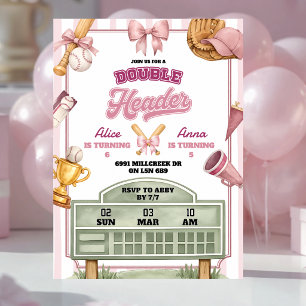Invitación Cumpleaños de béisbol doble encabezado tema rosa p