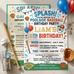 Invitación Cumpleaños de béisbol junto a la piscina Salpicar