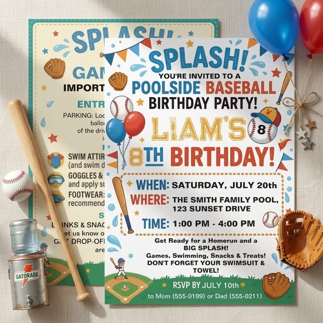 Invitación Cumpleaños de béisbol junto a la piscina Salpicar  (Subido por el creador)