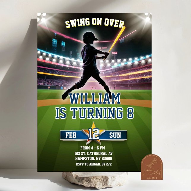 Invitación Cumpleaños de béisbol Neon Swing On Over (Subido por el creador)