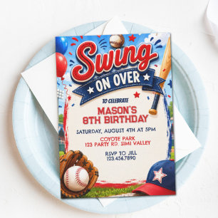Invitación Cumpleaños de béisbol Swing On Over, Fiesta de béi