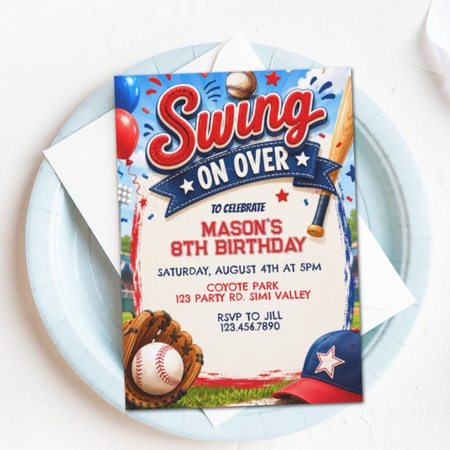 Invitación Cumpleaños de béisbol Swing On Over, Fiesta de béi (Subido por el creador)