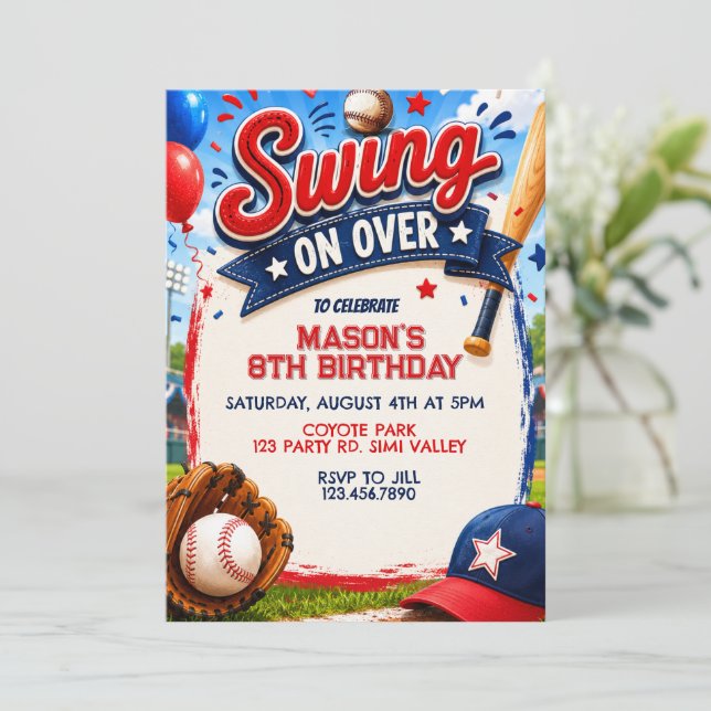 Invitación Cumpleaños de Béisbol Swing On Over, Fiesta de Béi (Anverso de pie)