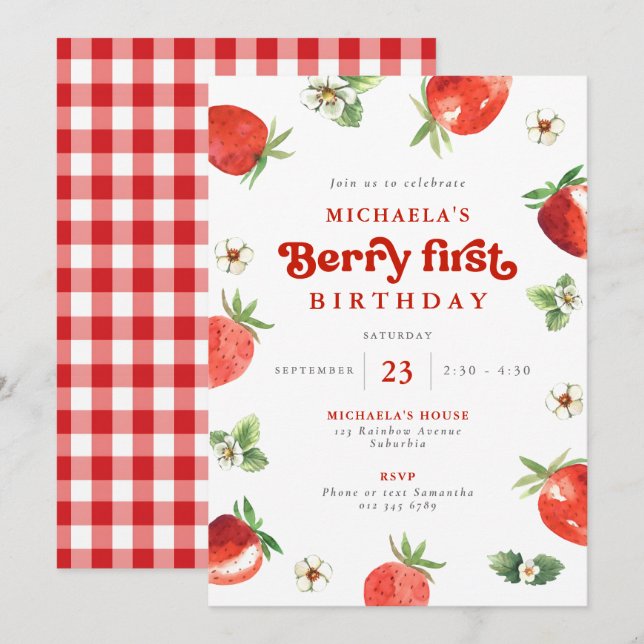 Invitación Cumpleaños de Berry Acuarela de Fresa Gingham (Anverso / Reverso)