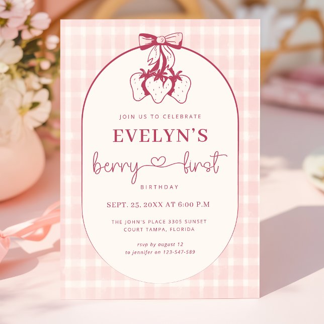 Invitación Cumpleaños de Berry Primer Cumpleaños Lazo Rosa Pr (Subido por el creador)