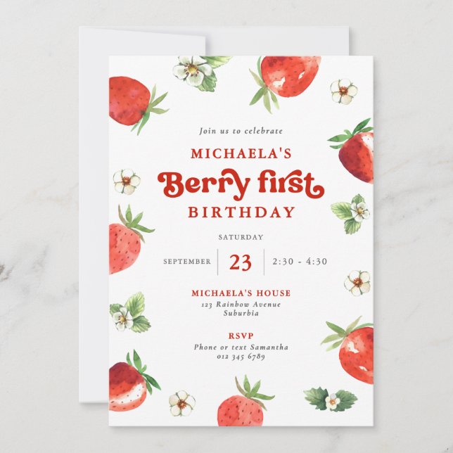 Invitación Cumpleaños de Berry Primera Cumpleaños Acuarela Fr (Anverso)