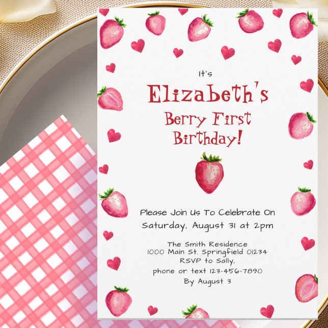 Invitación Cumpleaños de Berry Primera Fresa de Verano Gingha (Subido por el creador)