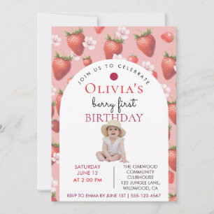 Invitación Cumpleaños de Berry Primera Fresa Niña Foto
