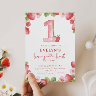 Invitación Cumpleaños de Berry Primero Rosa Acuarela 1er Cump