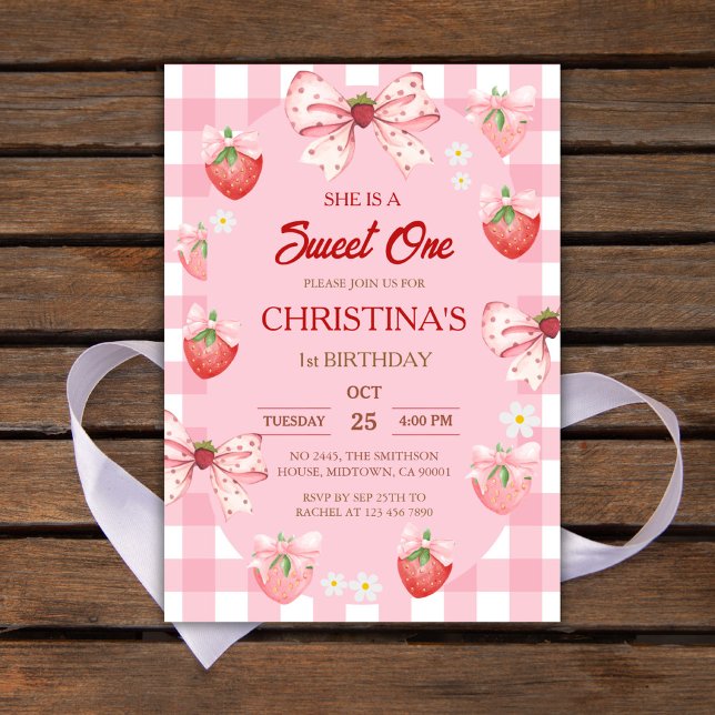 Invitación Cumpleaños de Berry primero rosa fresa gingham niñ (Subido por el creador)
