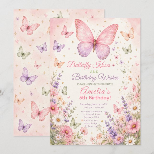 Invitación Cumpleaños de Besos de Mariposa (Anverso / Reverso)