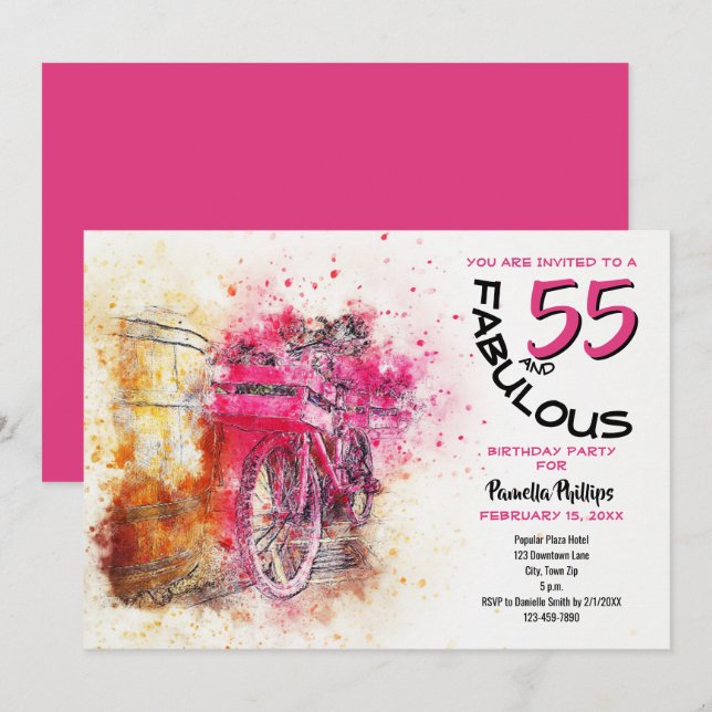 Invitación Cumpleaños de bicicleta femenina de acuarela rosa  (Anverso / Reverso)