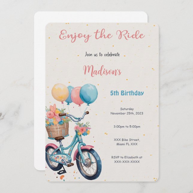 Invitación Cumpleaños de bicicleta rosa y azul (Anverso / Reverso)