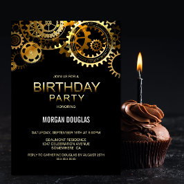 Invitación Cumpleaños de Black Gold Steampunk Watch Gears