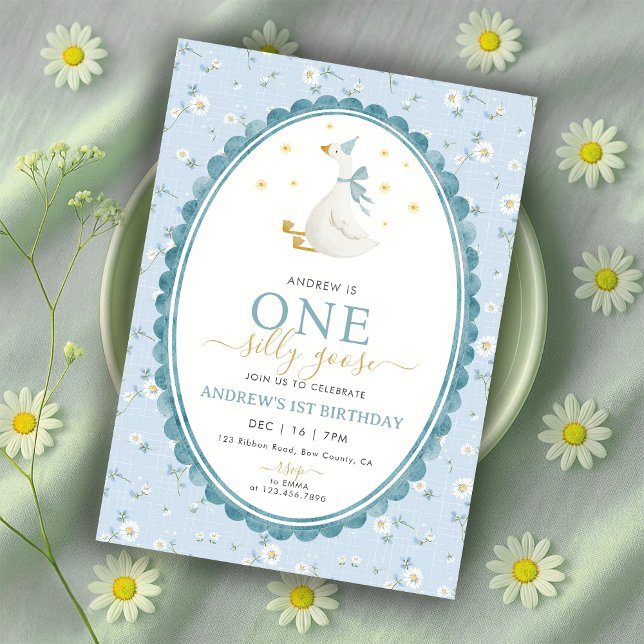 Invitación Cumpleaños de Blue Floral One Silly Goose Boy 1st (Subido por el creador)