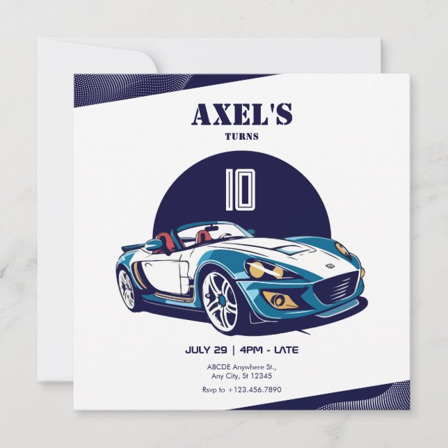 Invitación cumpleaños de Blue Sport Car (Anverso)