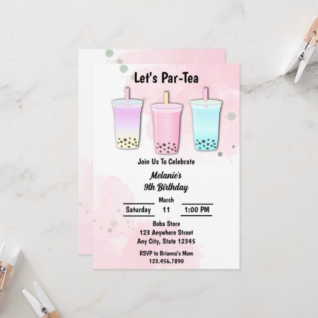 Invitación Cumpleaños de Boba Milk Tea Bubble (Anverso/Reverso In Situ)
