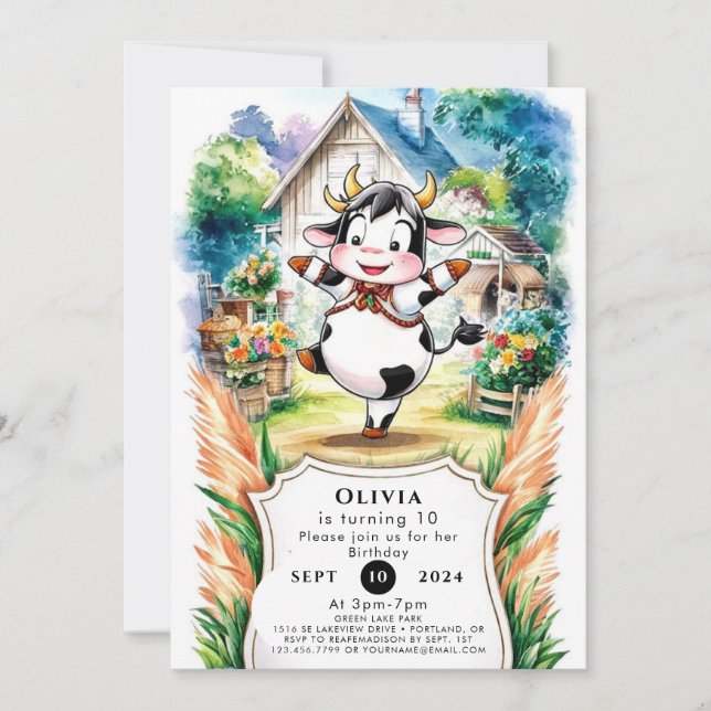 Invitación Cumpleaños de Boho Cow encantado (Anverso)