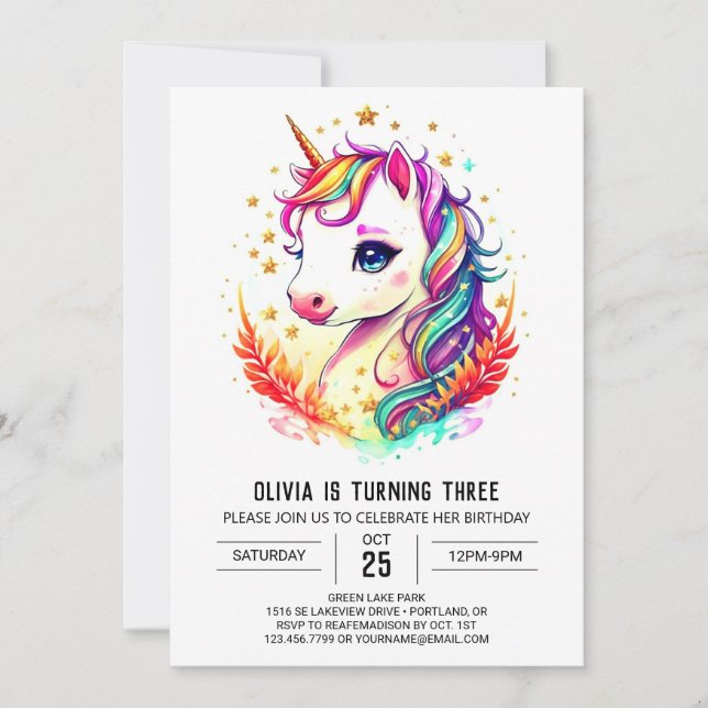 Invitación Cumpleaños de Boho Rainbow Unicorn (Anverso)