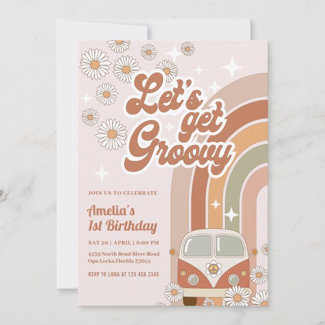 Invitación Cumpleaños de Boho Retro Groovy Hippie Floral 70 (Anverso)