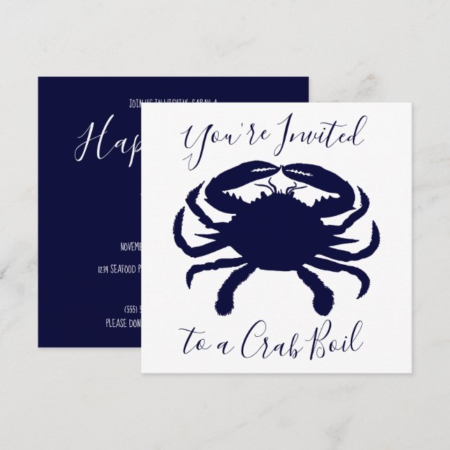 Invitación Cumpleaños de Boil de Cangrejo Blanco y Azul Oscur (Anverso / Reverso)
