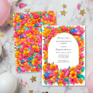 Invitación Cumpleaños de Bola de Disco Floral Brillante Rosa