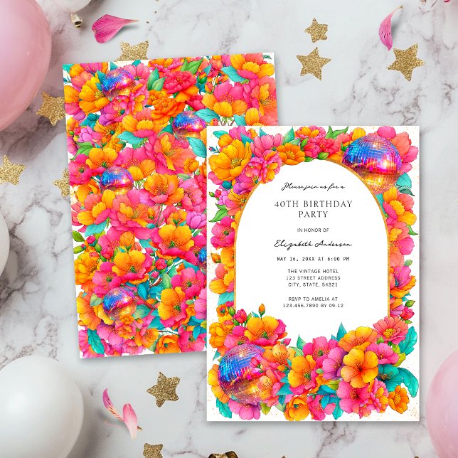Invitación Cumpleaños de Bola de Disco Floral Brillante Rosa  (Subido por el creador)