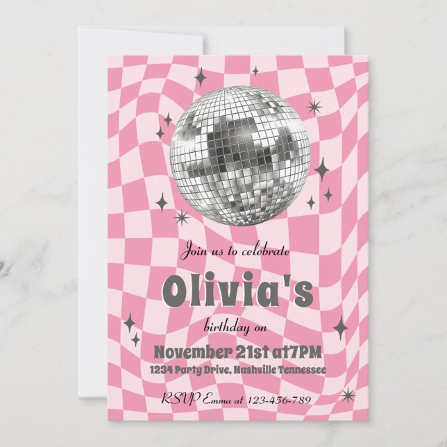 Invitación Cumpleaños de Bola de Discoteca Coquette Retro Ros (Anverso)