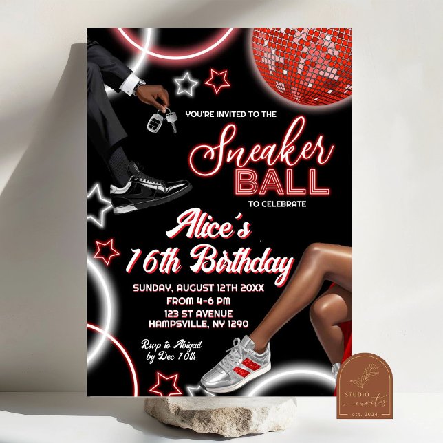 Invitación Cumpleaños de Bola de Zapatillas Rojos Plateados y (Subido por el creador)
