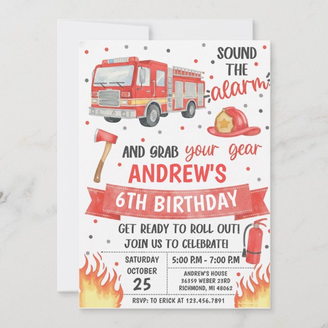 Invitación Cumpleaños de bombero personal (Anverso)