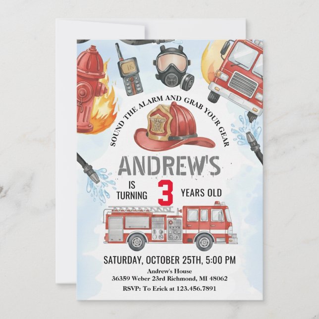 Invitación Cumpleaños de bombero personal camión de bomberos  (Anverso)