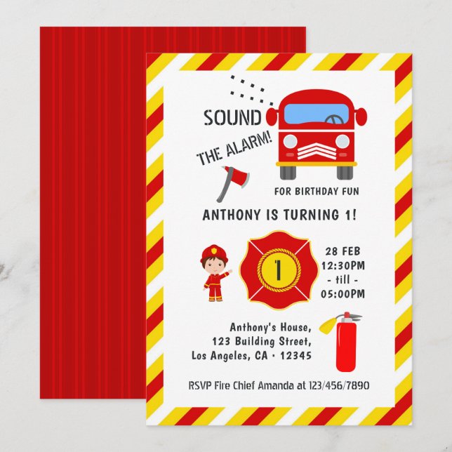 Invitación Cumpleaños de Bomberos Camión de Bomberos (Anverso / Reverso)