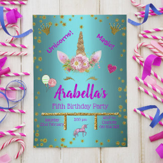 Invitación Cumpleaños de bonito Aqua y Gold Magical Unicornio
