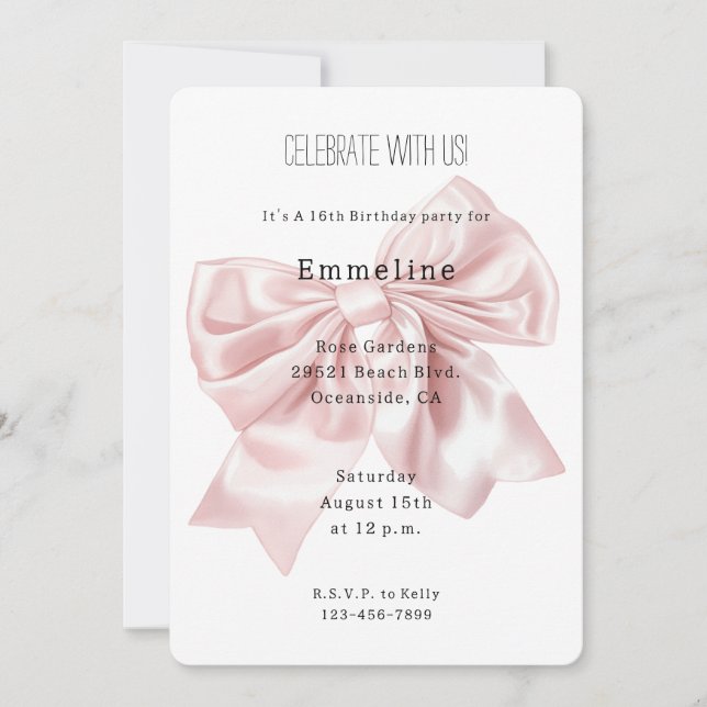 Invitación Cumpleaños de bonito Rubor Pink Bow (Anverso)