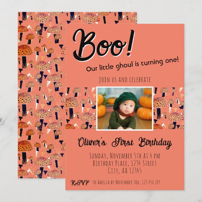 Invitación Cumpleaños de Boo Champiñones Halloween Otoño (Anverso / Reverso)