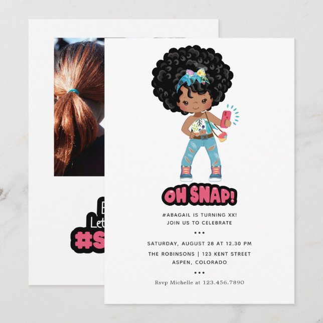 Invitación Cumpleaños de Booth Selfie, Chica afroamericano (Anverso / Reverso)