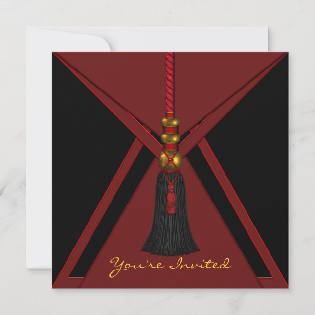 Invitación Cumpleaños de borla roja negra (Anverso)