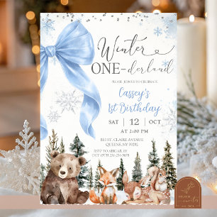 Invitación Cumpleaños de Bosque Animal Invernal con Lazo Azul
