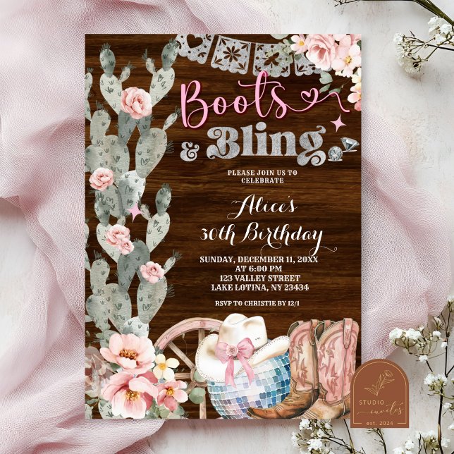 Invitación Cumpleaños de Botas de Madera Rústica y Bling (Subido por el creador)
