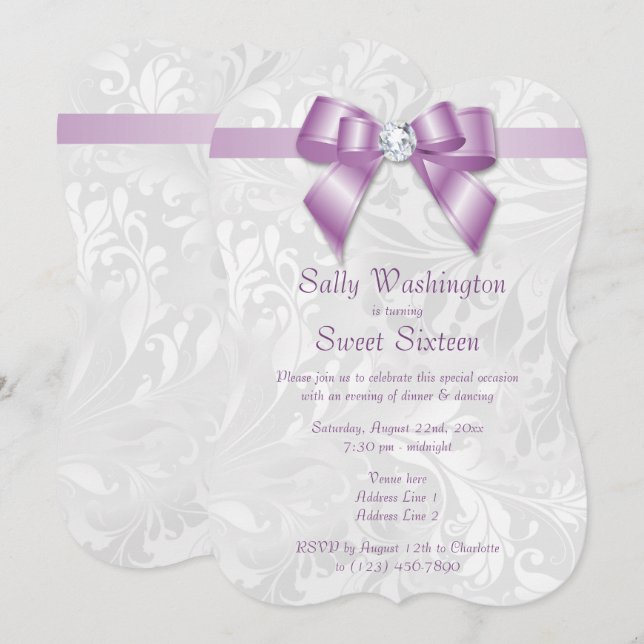 Invitación Cumpleaños de Bow y Damask de Diamante con Clase (Anverso / Reverso)