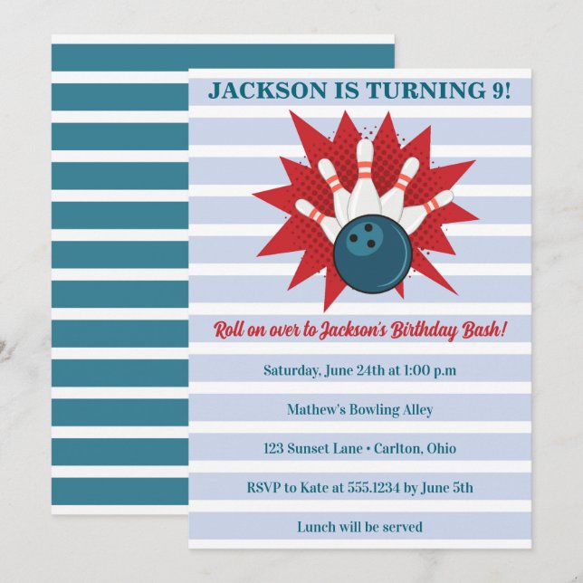 Invitación Cumpleaños de Bowling (Anverso / Reverso)