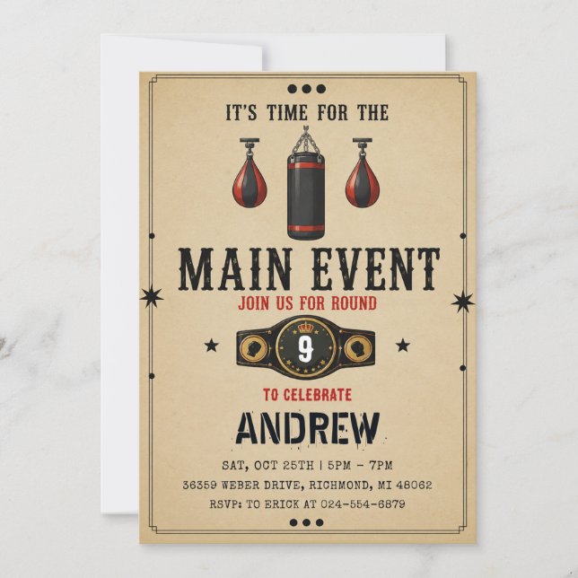 Invitación Cumpleaños de boxeo vintage personalizado (Anverso)