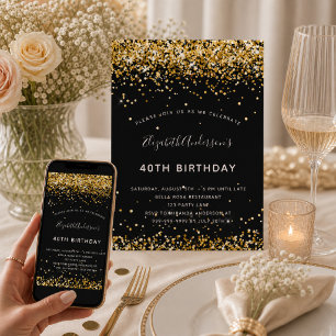 Invitación Cumpleaños de brillo de oro negro