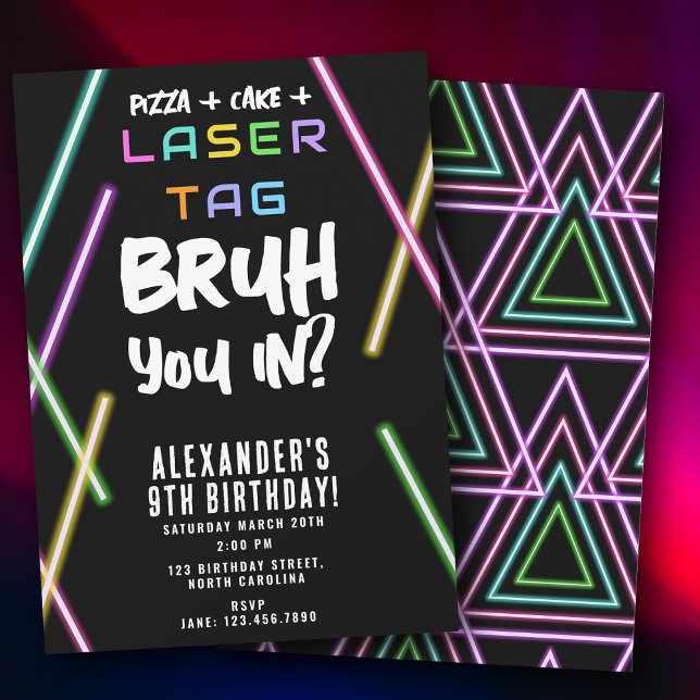 Invitación Cumpleaños de Bruh Boy con Etiqueta Láser Neon (Bruh Boy's Birthday Neon Laser Tag Invitation)