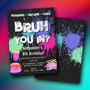Invitación Cumpleaños de Bruh Boy con neón grafiti y hamburgu